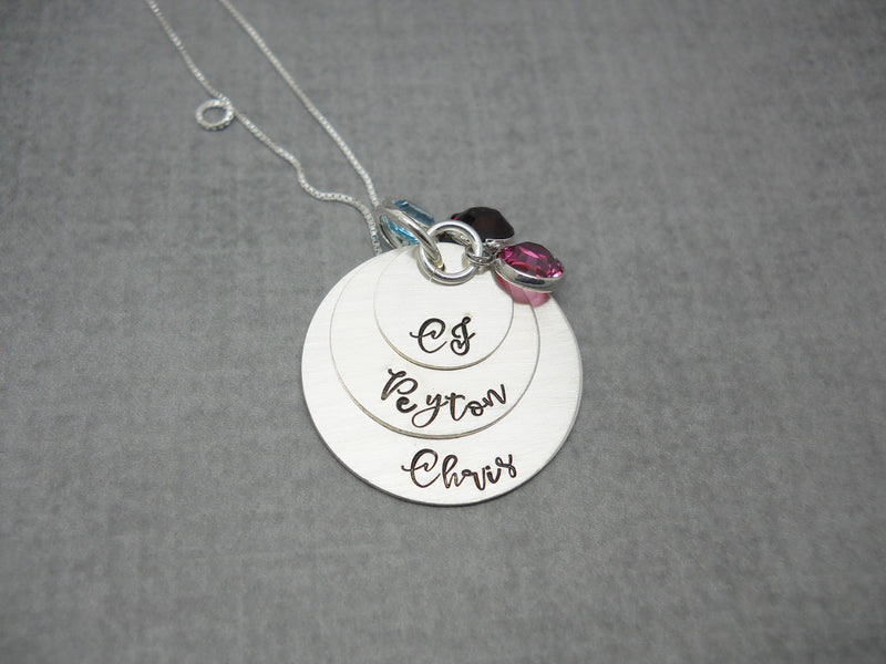 3 Layered Sterling Silver Mom Necklace with Kids Names, flat lay