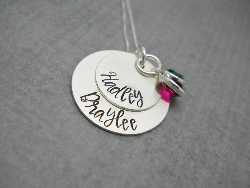 Sterling silver double layered personalized mom necklace with kids names - Delena Ciastko Designs