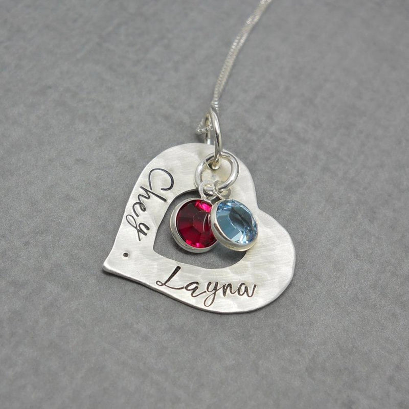 Sterling silver personalized Mothers heart necklace with kids names - Delena Ciastko Designs