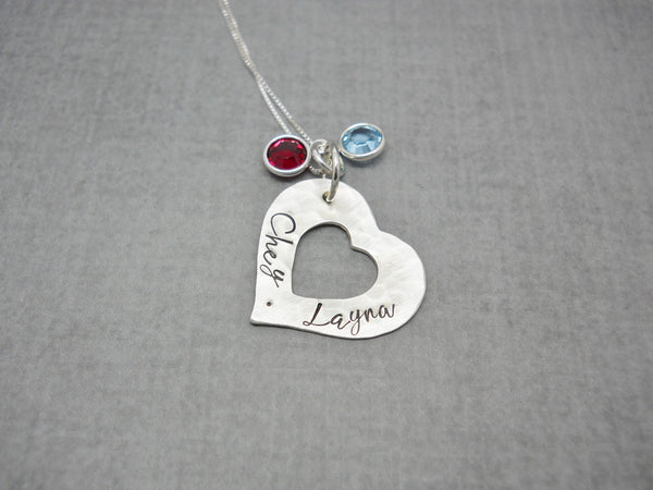 Sterling silver personalized Mothers heart necklace with kids names - Delena Ciastko Designs