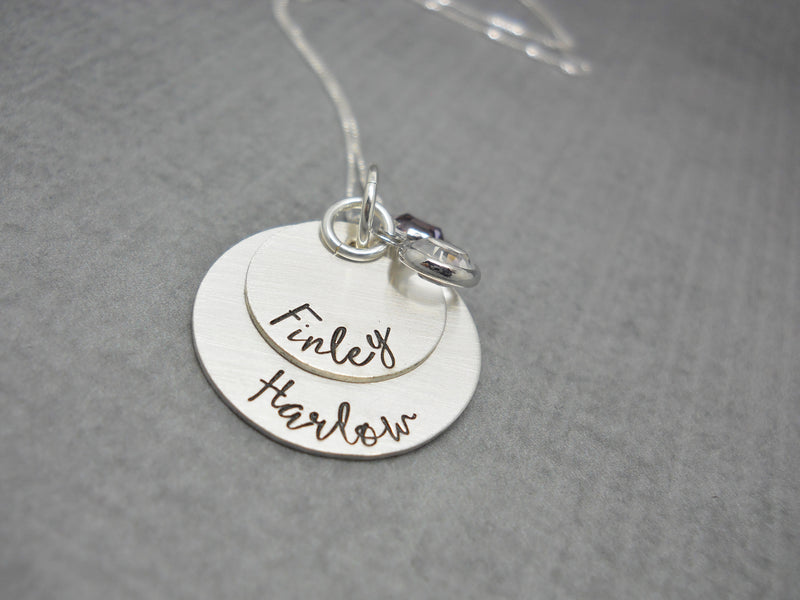 Double Stacked Sterling Silver Personalized Mom Necklace with Kids Names, alternate angle