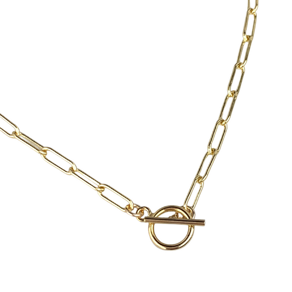 gold paper clip necklace with toggle clasp