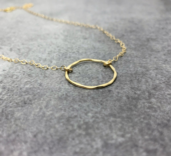 Gold Karma necklace, Gold hammered circle necklace