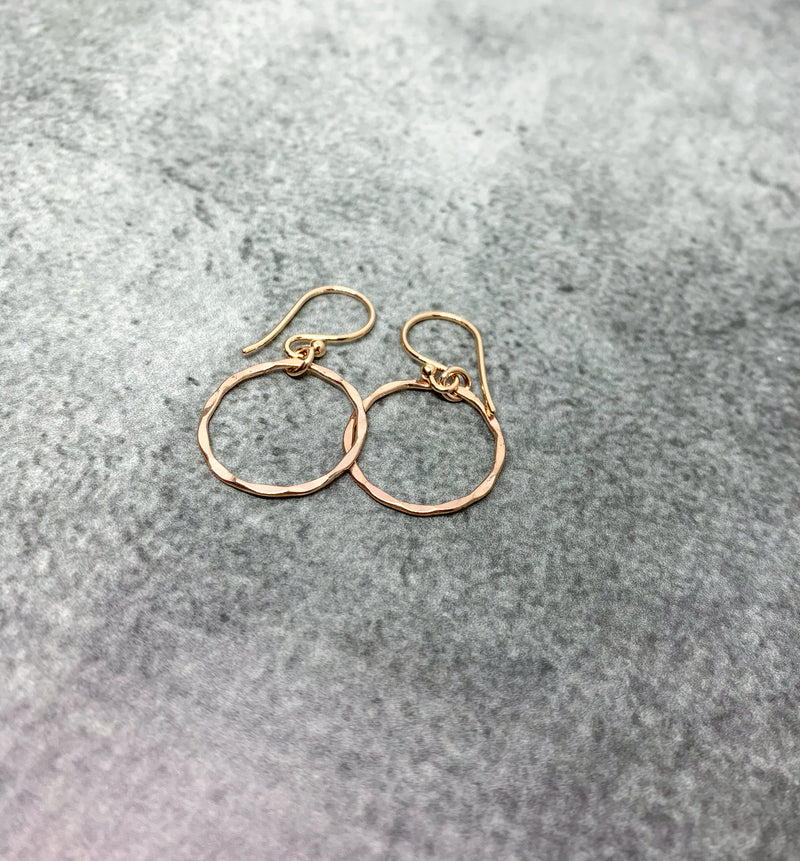 Rose Gold karma earrings, Rose Gold hammered circle earrings
