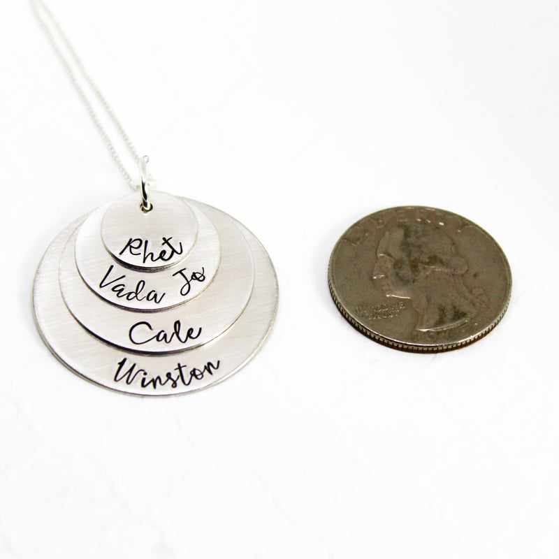 Custom 4 Layer Sterling Silver Name Necklace | size comparison - quarter