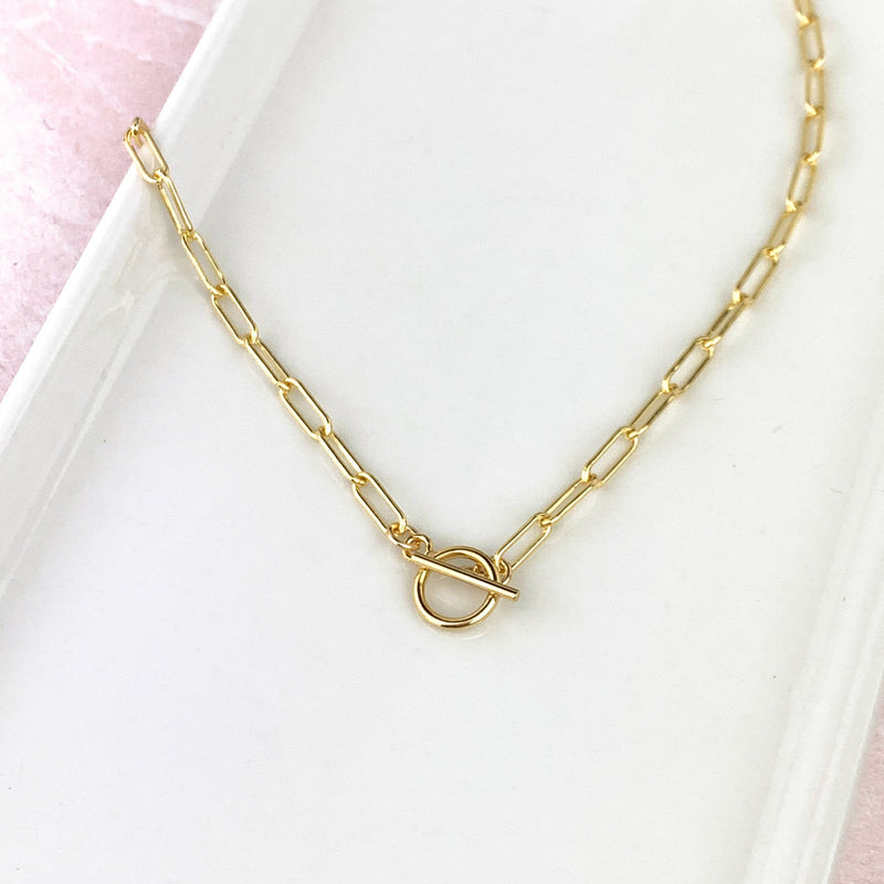 gold paperclip chain necklace with toggle