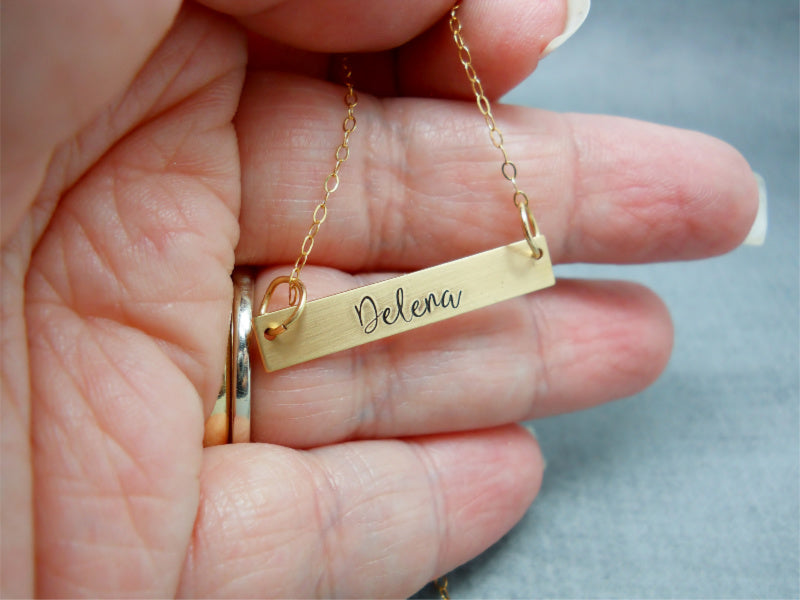 Name Plate Necklace, Gold Bar Necklace - Delena Ciastko Designs
