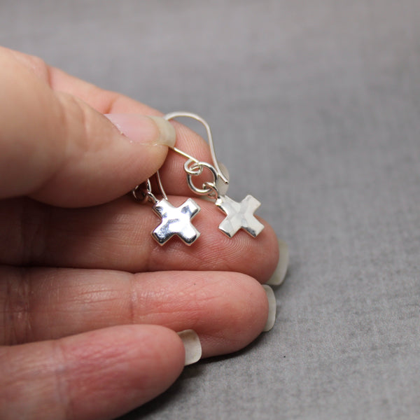 Sterling silver hammered cross earrings