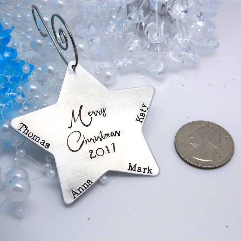 Pewter star Christmas ornament - quarter - size comparison