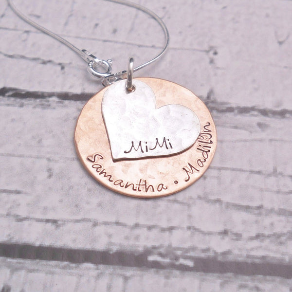 Sterling silver and copper mother's necklace, heart necklace - Delena Ciastko Designs