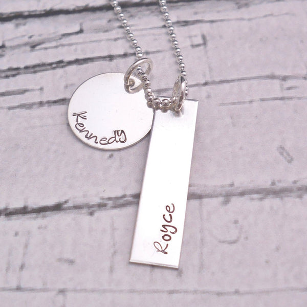 Sterling silver mothers Personalized Necklace with disc and bar - Delena Ciastko Designs