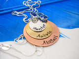 Sterling silver, copper and brass layered kids names necklace with birthstones - Sweet Tea & Jewelry