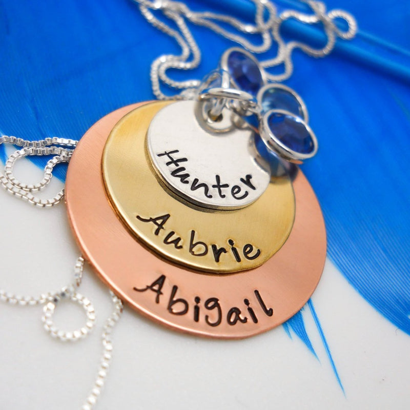 Sterling silver, copper and brass layered kids names necklace with birthstones - Sweet Tea & Jewelry