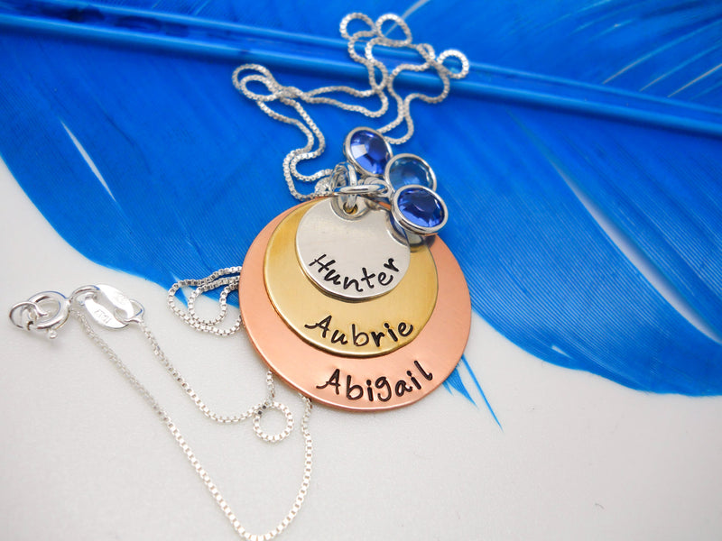 Sterling silver, copper and brass layered kids names necklace with birthstones - Sweet Tea & Jewelry
