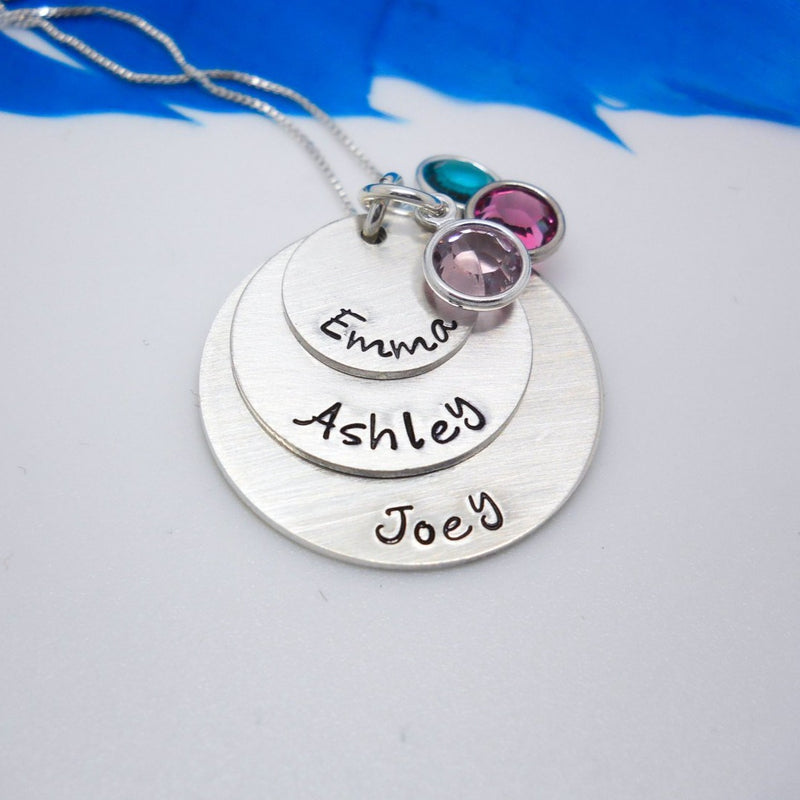 Sterling silver Mom necklace with kids names, personalized family necklace - Delena Ciastko Designs