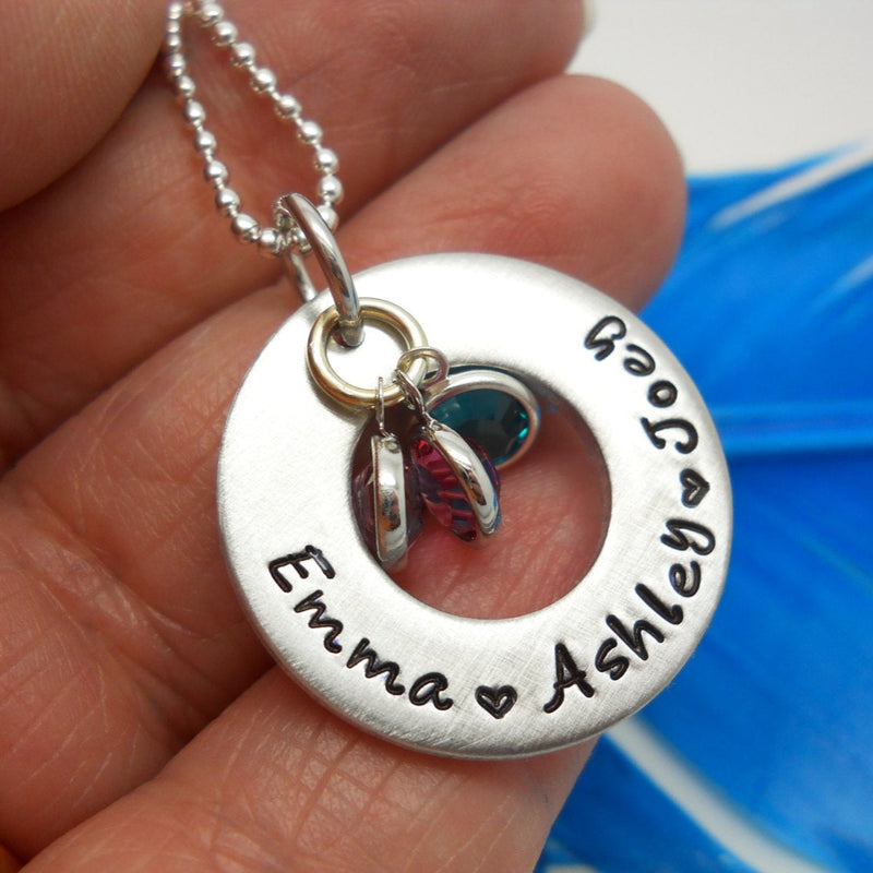 Personalized Mom Necklace with floating birthstones, washer necklace in hand for size