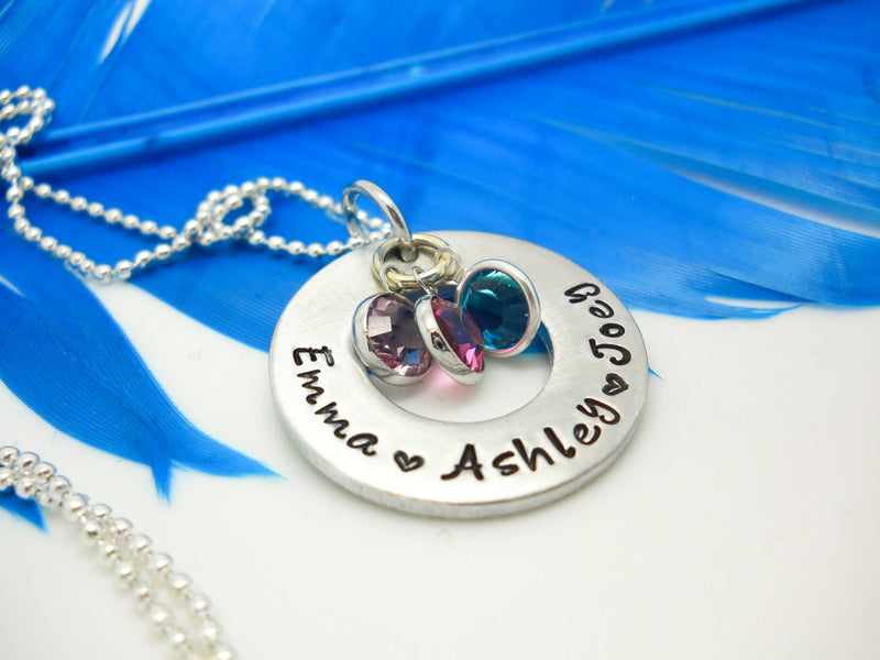 Personalized Mom Necklace with floating birthstones, washer necklace - Sweet Tea & Jewelry