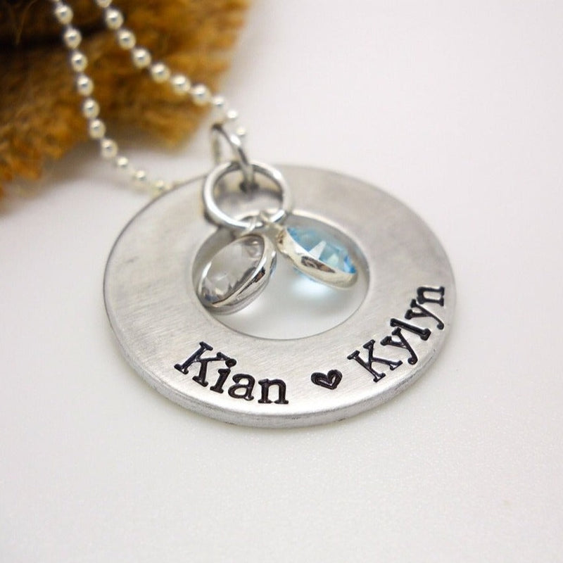 Personalized Mom Necklace with floating birthstones, washer necklace 