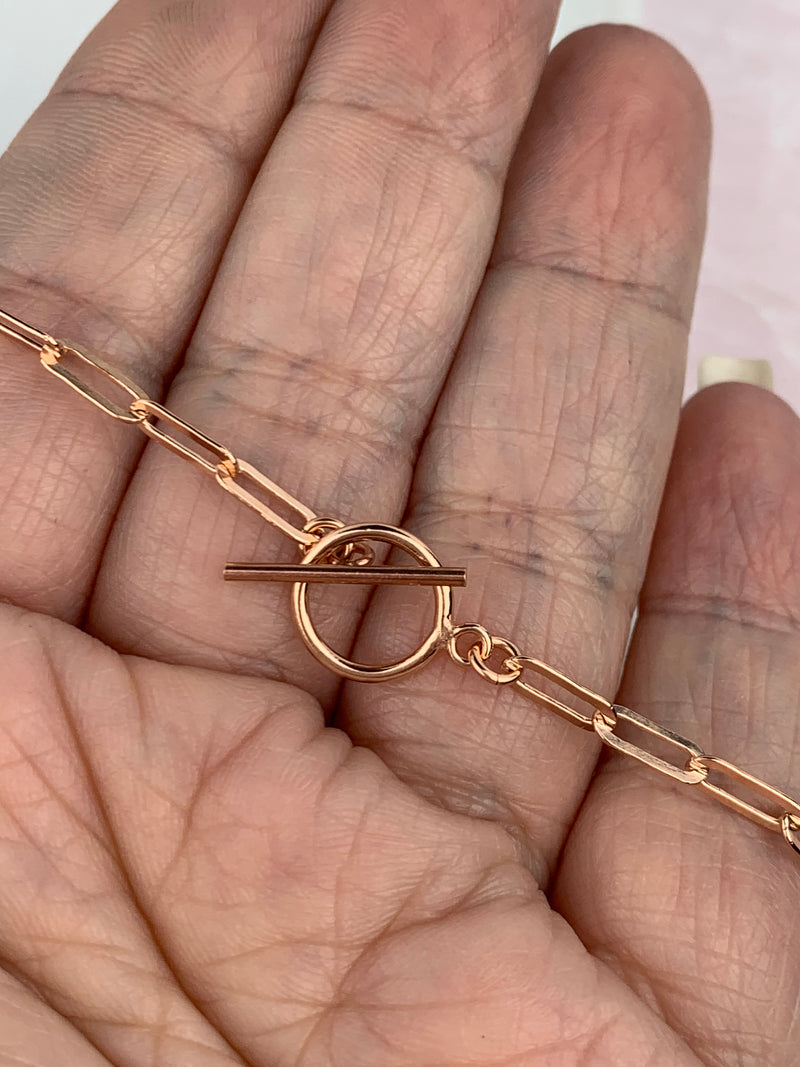 Rose gold paperclip chain necklace with toggle size