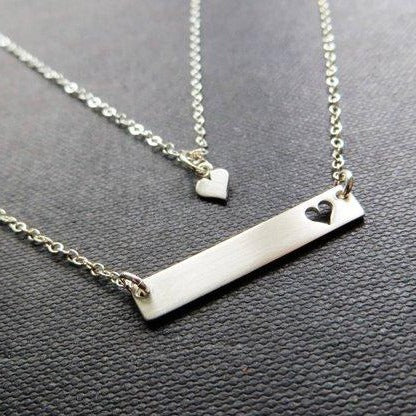 Mother daughter bar and heart necklace set, Sterling silver
