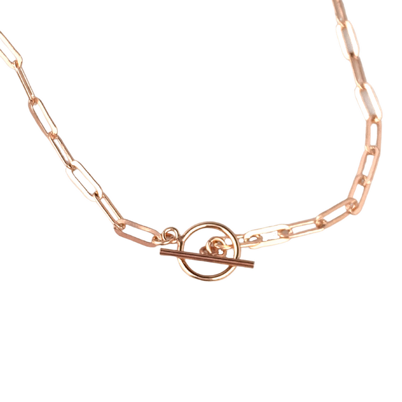 rose gold paper clip necklace with toggle clasp