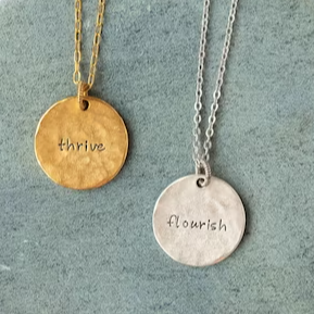 Sterling silver hammered word of the year disc necklace